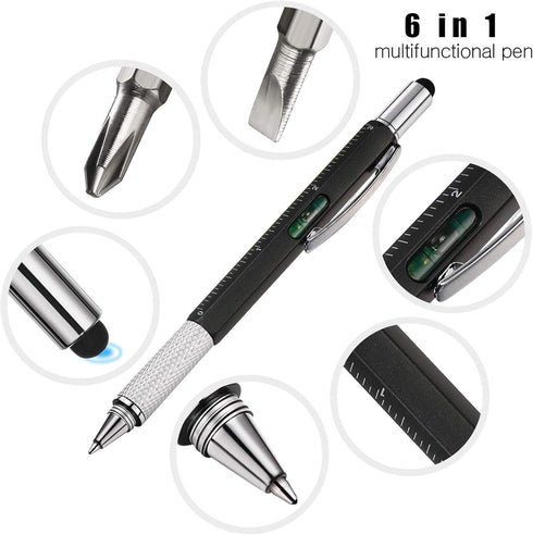 Zhanmai 16 Pieces 6 in 1 Multi Tool Gift Pen with Ruler, Level Gauge, Ballpoint Pen and Refills (Black, Silver)