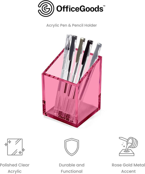 OfficeGoods Pink Acrylic Pen & Pencil Holder - Modern Trapezoid Design Desk Organizer for Home or Office with Metal Base