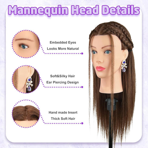 100% Mannequin Head Human Hair - Cosmetology Manikin Doll Head with Real Hair for Hairdresser Practice Styling Braiding