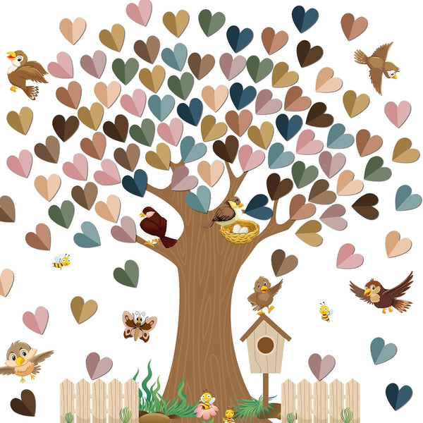 Boho Classroom Tree Bulletin Board Set with 3D Heart Shape Cutouts for School Teacher Wall Decor