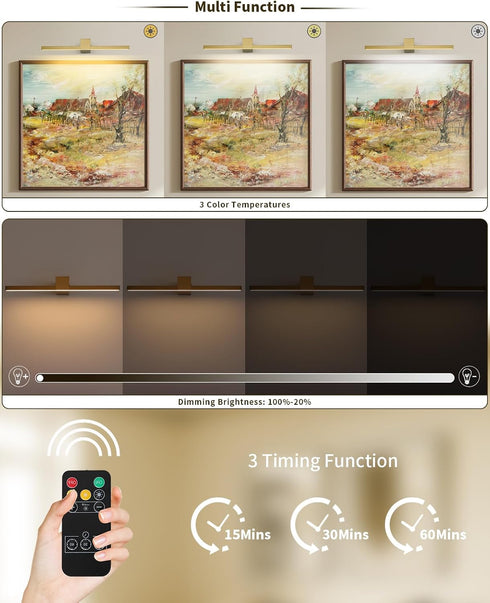 15.7 inch Dimmable Brass Battery Operated Picture Light with Remote,Wireless Gallery Lights Brass Rechargeable Display