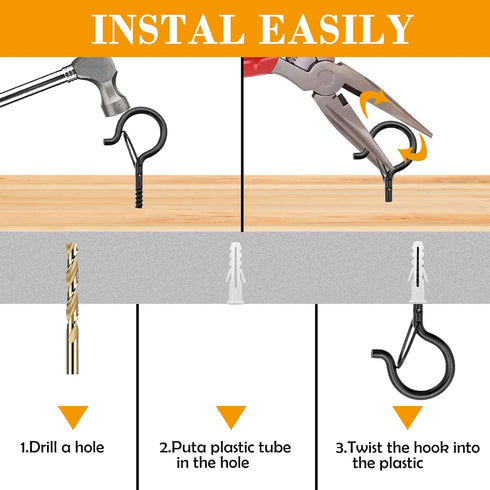 Datttcc 25PCS 2.3 Inch,Black Hanger Hooks with Safety Lock,Heavy Duty Hooks for Hanging, Christmas Patio Lights, String