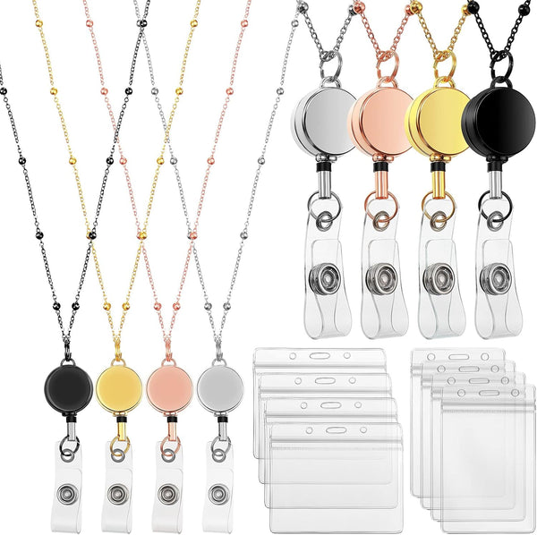 Zonon 4 Pieces Badge Lanyard with ID Holders Stainless Steel Badge Holders Necklace Retractable Reel Clip Chain