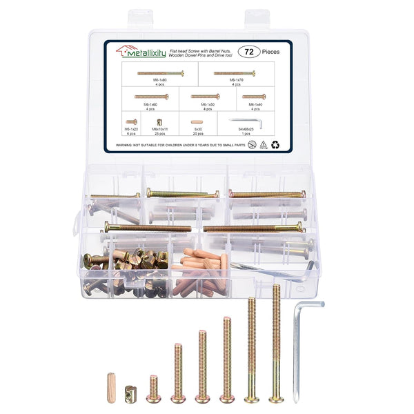 METALLIXITY Crib Screws Replacement Set(M6-1x20/40/50/60/70/80mm) 72Pcs, Carbon Steel for Beds Headboards Chairs Furniture,