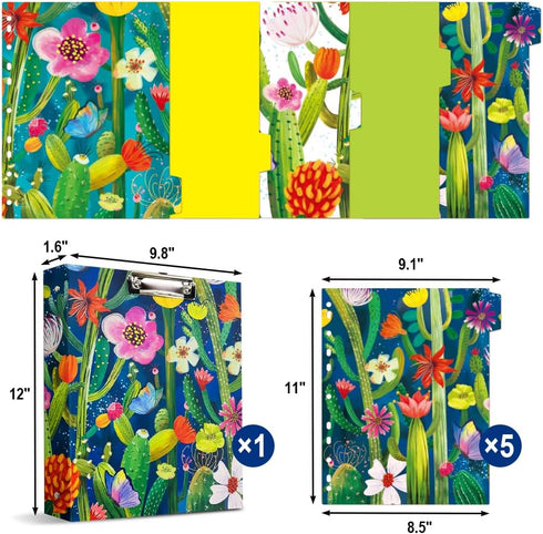 Decorative 3 Ring Binder, 9.7 x 12 inch, Watercolor Cactus Design, Hardcover with Dividers & Pockets