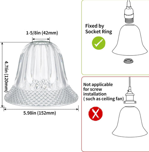 Skelang 1-5/8" Lip-less Glass Lamp Shade, Bell Shaped Light Cover with Fitter Opening, Fixture Replacement Globes