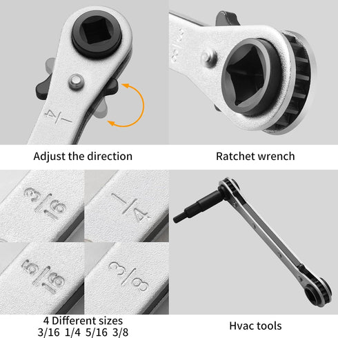 HVAC Service Flat Wrench Tools: 3/16 to 3/8 5/16'' x 1/4'' Ratchet Wrench with Hexagon Bit Adapter Kit