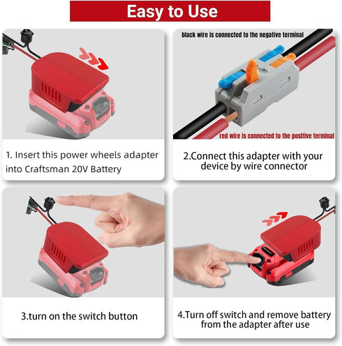 EID 2 Pack Power Wheel Battery Adapter for Craftsman 20V V20 with Wire Connector, 14 Gauge Wire, Fuse, Switch