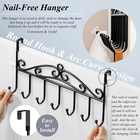 Over The Door Hook, 2 Pieces Towel Rack & Coat Rack Hanger with 7 Hooks (Black)