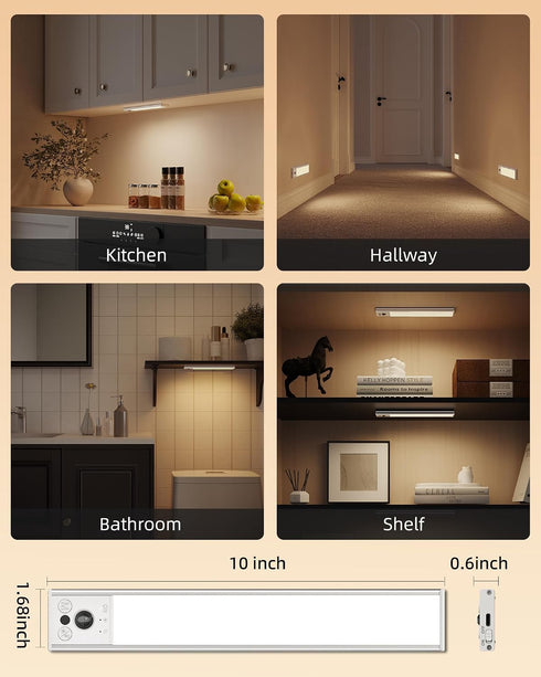 10inch 3 Dimmable Closet Counter (2 Pack) EZVALO Under Cabinet Lighting, Rechargeable Motion Sensor Light Indoor