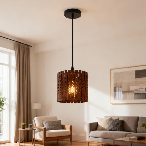 Farmhouse Rustic Wood Drum Pendant Light, 1-Light Rural Ceiling Hanging Lamp Lighting