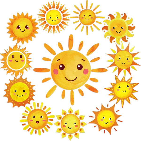 gisgfim 60 Pcs Sunshine Decorations, Sun Cutouts, 12 Designs for Summer Bulletin Board Decoration and Sunshine Party