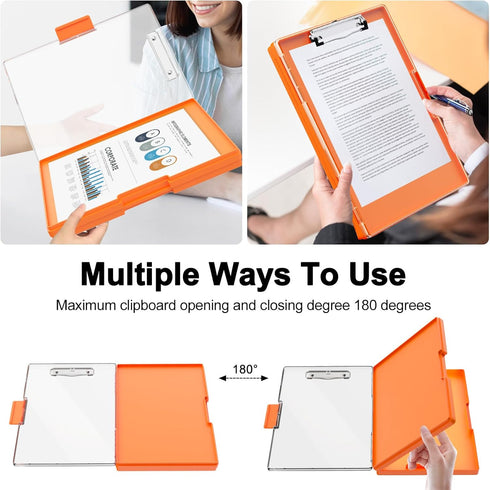 Clipboard with Storage, 8.5x11" Clip Boards with 2 Storage Cases, Heavy Duty Plastic, Folio & Side-Opening, Orange