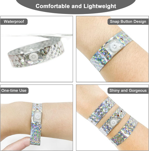 Ouchan Silver Holographic Plastic Wristbands, 100 Pack Vinyl for Events Parties