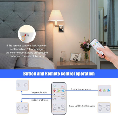Cordless Rechargeable Battery Operated Light Bulbs, 2 Pack, E26 Wireless LED, 500LM, Dimmable, Timer