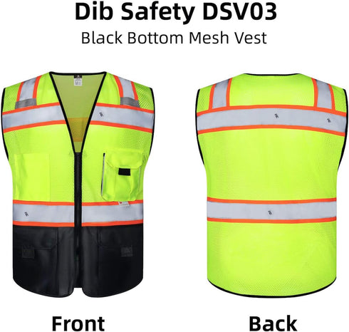 High Visibility Mesh Vest with Pockets and Zipper, ANSI Class 2, Made with 3M Reflective Tape, Yellow and Black