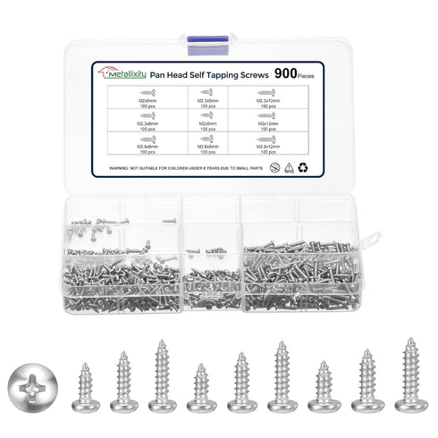 METALLIXITY Phillips Pan Head Self Tapping Screws(M2/M2.3/M2.6) 900Pcs, Carbon Steel Self Drilling Screw