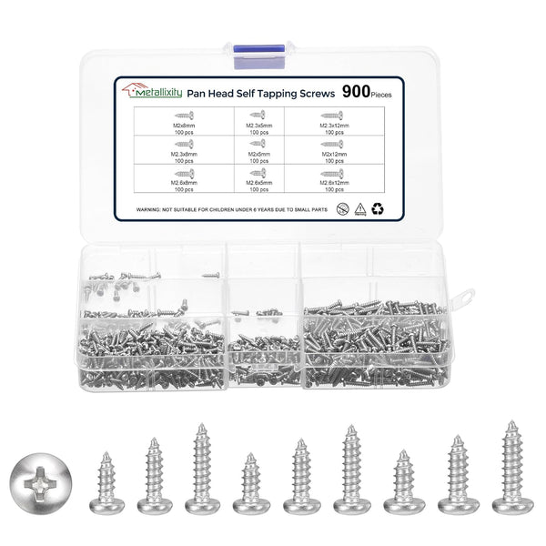 METALLIXITY Phillips Pan Head Self Tapping Screws(M2/M2.3/M2.6) 900Pcs, Carbon Steel Self Drilling Screw