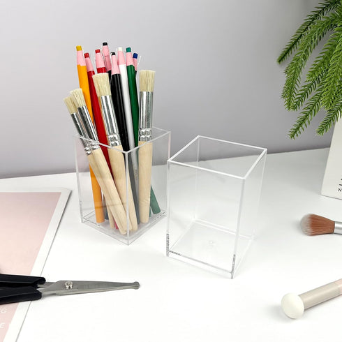 Attkryy Set 2, Clear Acrylic Pen Holder Cup of Simple Modern Desktop Organizer for Stationery, Makeup Brushes, Office