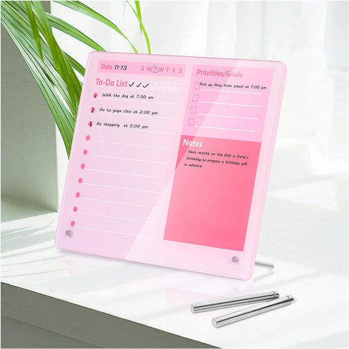 Desktop Thickened Acrylic Dry Erase Board, 12"x10" - Tabletop Planner Board with Stand, Frameless Pink White Board