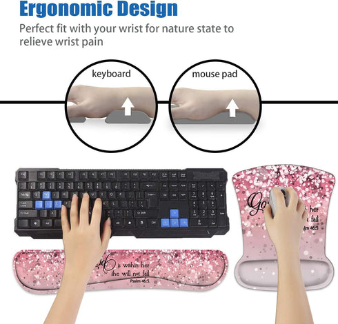 Keyboard Wrist Rest and Mouse Pad Wrist Support Set with Coasters, Bible Verses Psalm 46:5, Non-Slip PU Base Ergonomic
