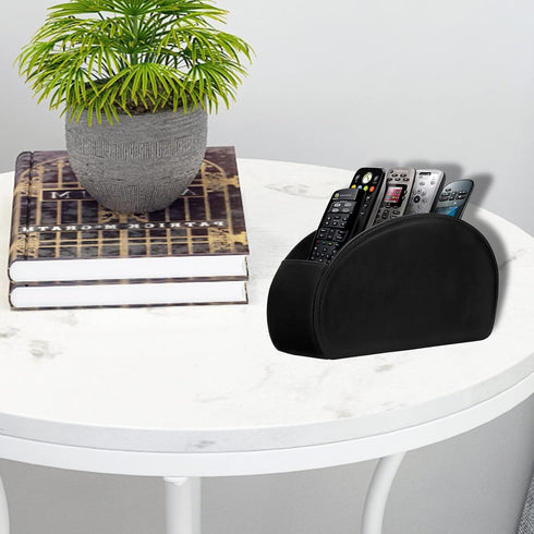 Leather Remote Control Holder with 5 Compartments, TV Remote Caddy Storage Box for Office Desk, Black