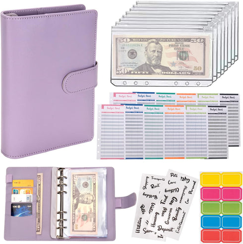 NICOOTH Budget Binder Cash Envelopes A6 Money Saving Binder with Zipper Envelopes (Purple)