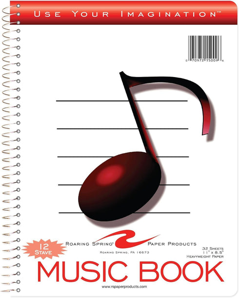 Roaring Spring Music Wire Bound Notebook, 12 Staves of Music Lines, 11" x 8.5", 32 Sheets Heavyweight Paper