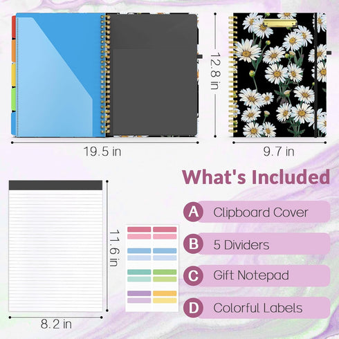 Sooez Clipboard Folio with Refillable Notepad, Clipboard Folder with 10 Storage Pockets for Letter Size, Spiral Clipboard Notebook, Cute Portfolio for School Office Nursing, Black Daisy