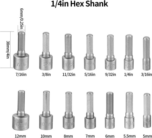 14 Pcs Socket Nut Driver Set, Hex Drill Bits Sets, Impact Driver Socket Adapter Metric for Hand Drill, Electric Screwdriver, Wrench