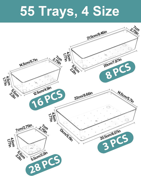 55Pcs Set, 4size Clear Plastic Drawer Organizers makeup drawer organizer trays