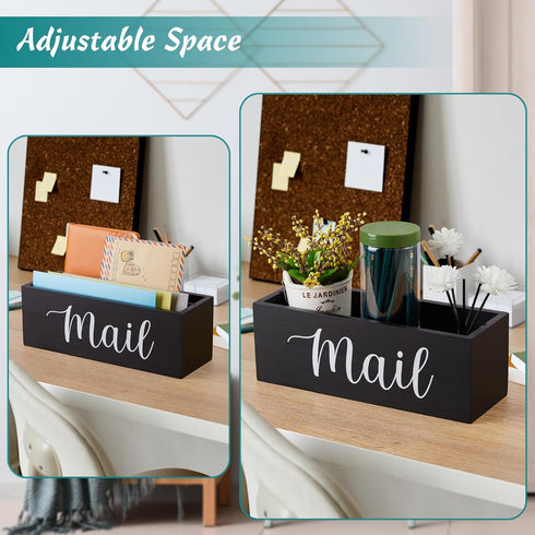 DRASTAR Mail Organizer, Mail Holder with 2 Slots, Wood Desk Mail Organizer, Black Envelope Holder for Home Office Decor