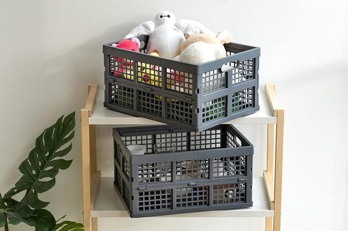Eslite 34L Large Collapsible Plastic Folding Storage Crates, Pack of 3 (Grey)