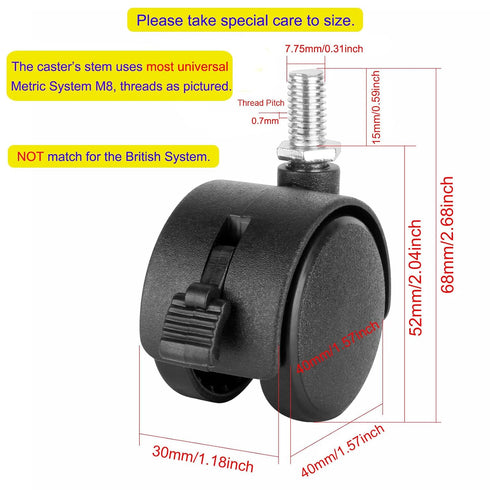 Dalyndar 4 Pack 1.5 Inch 1.5'' M8 Swivel Stem Caster Wheels Replacement Casters Furniture Wheel with Locking Brake