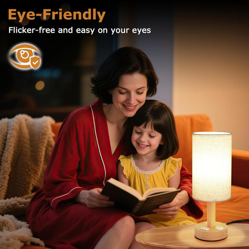 Cozy Small Bedside Table Lamp with AC Outlet, Natural Wood Base & Linen Shade, Mini Cute Warm White Nightstand Boho
