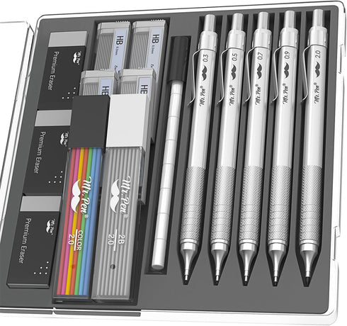 Mr. Pen Metal Mechanical Pencil Set, 5 Sizes, 0.3, 0.5, 0.7, 0.9, 2mm for Sketching and Drafting