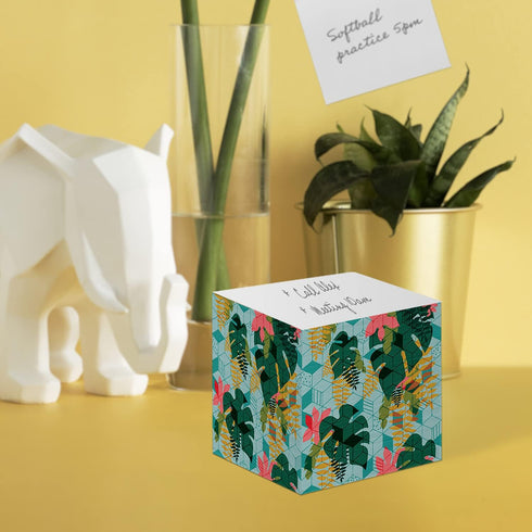 Tropical Sticky Note Cube, 2.75" Memo Block, Printed on 4 Sides, Boho Botanical Design