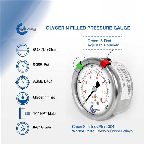 2 1-2" Pressure Gauge, Stainless Steel Case, Chrome Plated Brass Connection, Liquid Filled, 0-200 psi/kPa, Back Mount