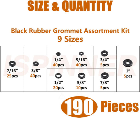 ISPINNER 190pcs Rubber Grommet Assortment Kit, 9 Sizes Eyelet Ring Gasket (Black, 1/4" to 1")