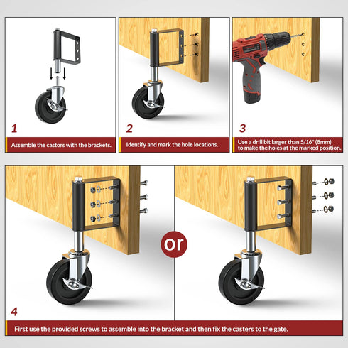 Heavy Duty Gate Caster - Spring Loaded Swivel Wheel for Wooden Gate and Fence, 220LBS Capacity