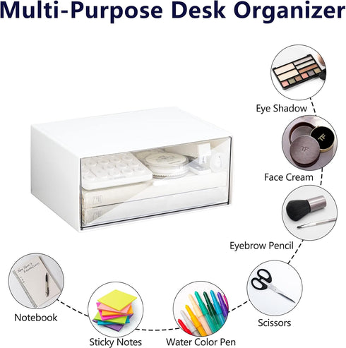 Desk Drawer Organizer, Stackable Plastic Storage Drawers for Makeup and Bathroom Accessories, Large (White).