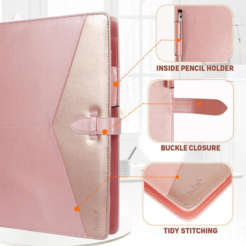 Toplive Padfolio 3 Ring Binder Organizer for Women, A4 Letter Size PU Leather Portfolio, Rose Gold