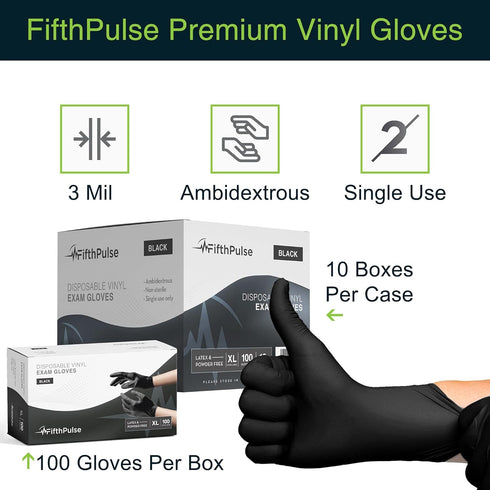 FifthPulse Blue and Black Vinyl Disposable Gloves 100 Pack - Powder and Latex Free Medical Exam