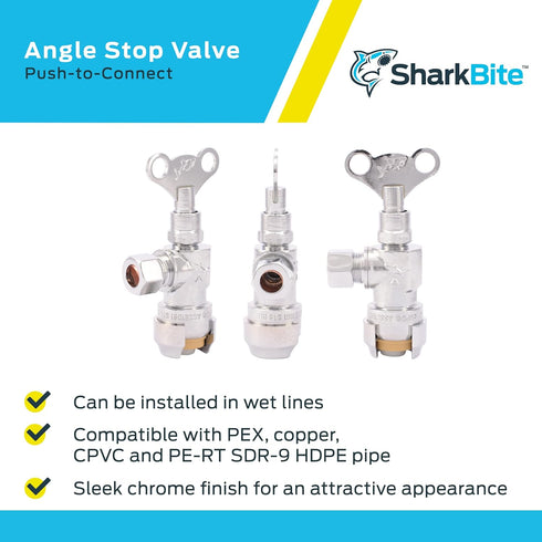 SharkBite 1/2 x 3/8 Inch Compression Angle Stop Valve, Push to Connect Brass Plumbing Fitting, Chrome Finish