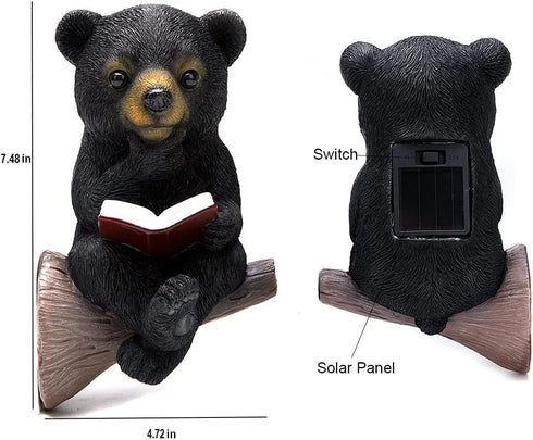 Sitting Bear Tree Hugger with Solar LED Light - Baby Bear Reading Book Garden Statue for Lawn, Yard, Patio Decor