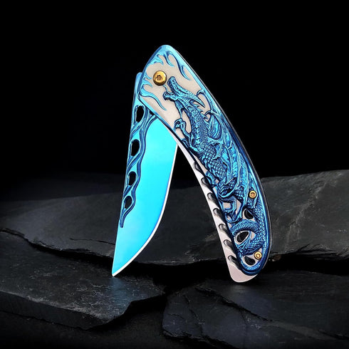 Pocket Knife for Men, Cool Folding Knife with 3D Blue Dragon Embossed Relief, Great EDC Gift for Outdoor Survival