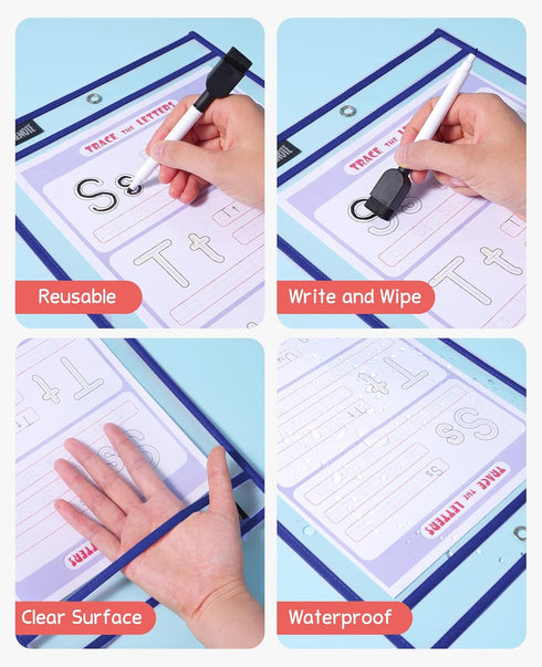 Gamenote Dry Erase Pockets 30 Pack with Rings, Oversized Reusable Plastic Sleeves for Classroom Organization