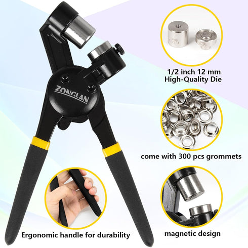 Heavy Duty Grommet Tool Kit with 1/2 Inch Die, 300 Sets of 12MM Grommets, Handheld Eyelet Tool