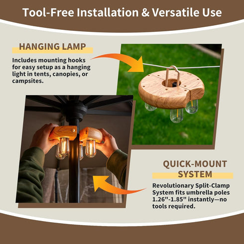Bulbs 10 (1 Pack) Wood Grain Patio Umbrella Light with Remote Control, Rechargeable Cordless LED Edison Pole Light