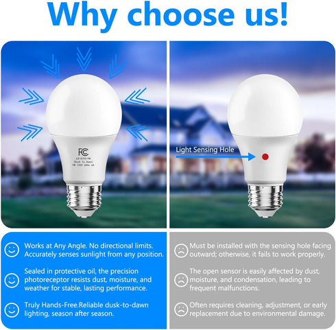 4 Pack A19 Bulbs Bulb 60W 9W, 5000K, E26 DAYBETTER Dusk to Dawn Light Outdoor, Auto On/Off Photocell Sensor LED Light